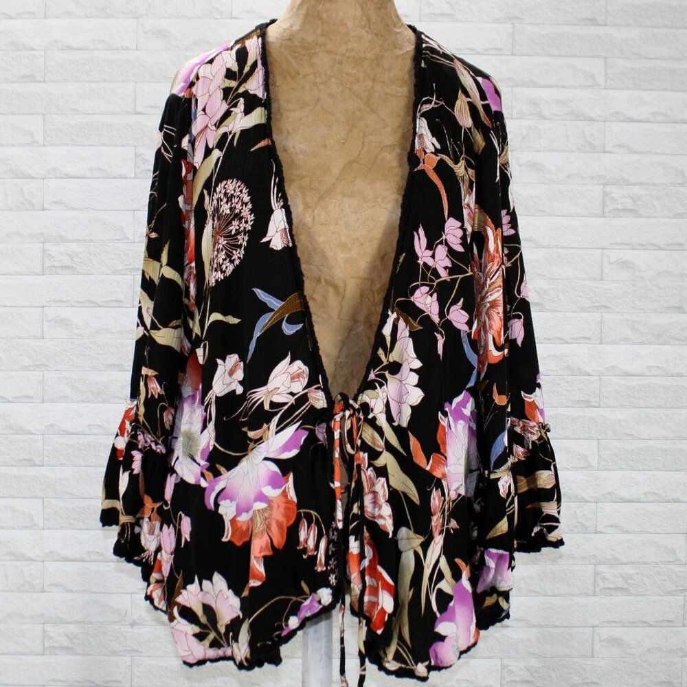 KNOX ROSE Jacket Open Front Tie Floral Ruffle Peplum Swimsuit Cover Black XL